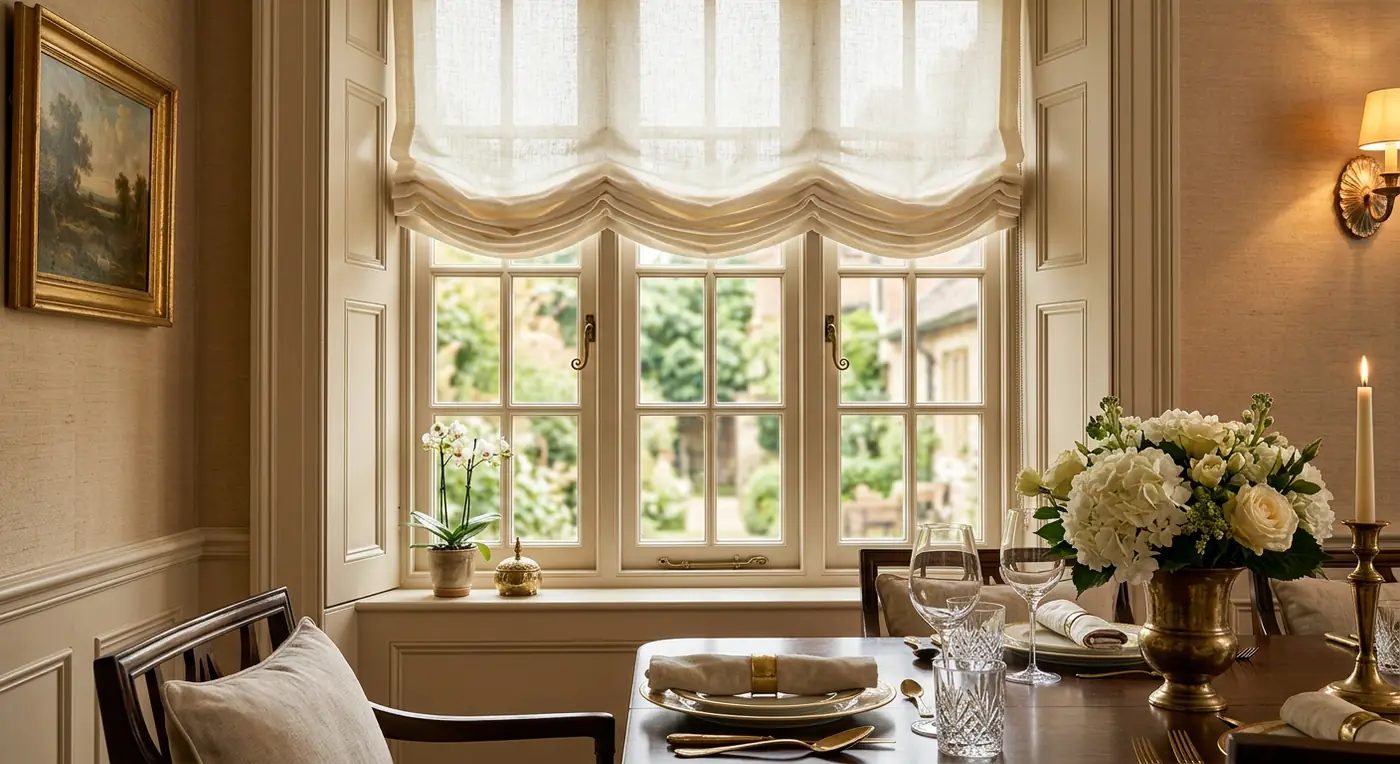 Dining room with ivory roman blinds
