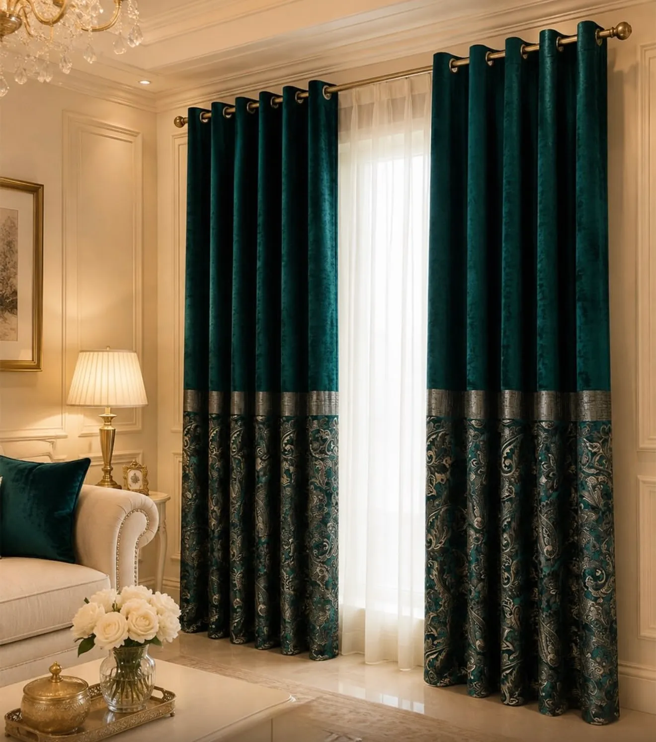 Living room with tall windows dressed in roman and light-filtering roller blinds
