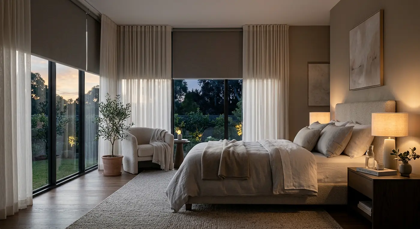 Bedroom with taupe blackout roller blinds and a sheer layer