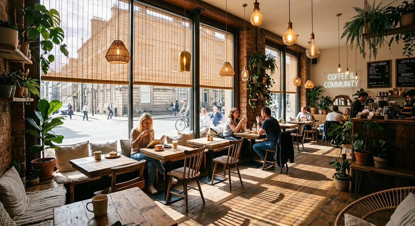 Café interior with tall windows and bamboo-look wooden blinds