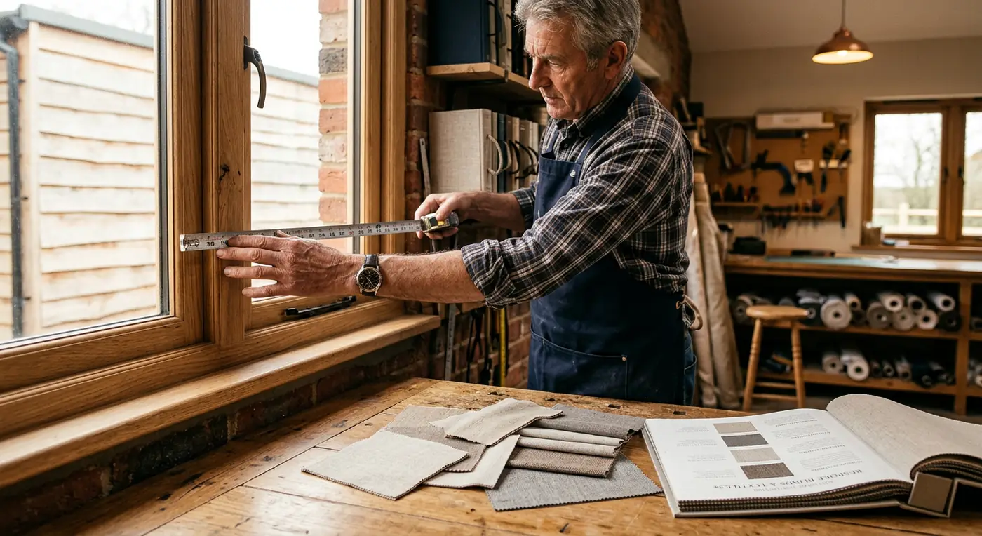 Craftsman measuring a window with fabric swatches