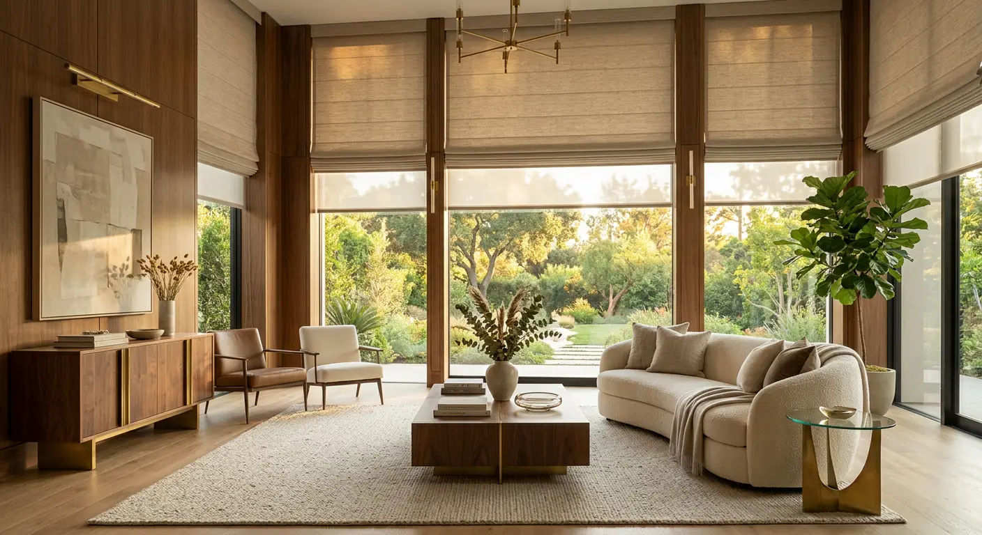 Living room with roman and roller blinds