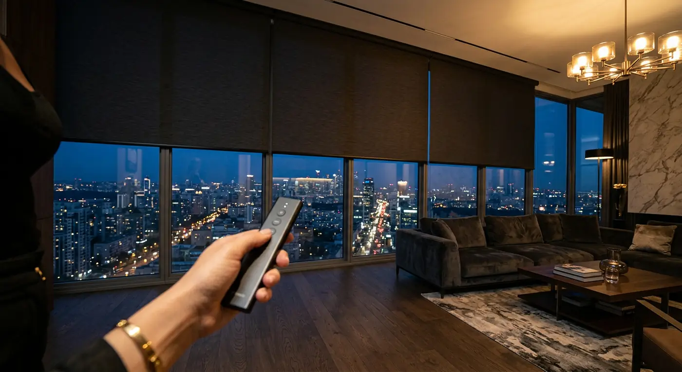 Motorized blackout blinds lowering over panoramic windows at dusk