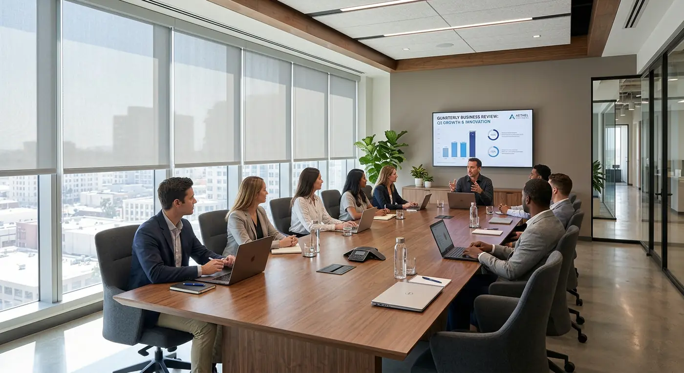 Meeting room with light-grey sunscreen roller blinds