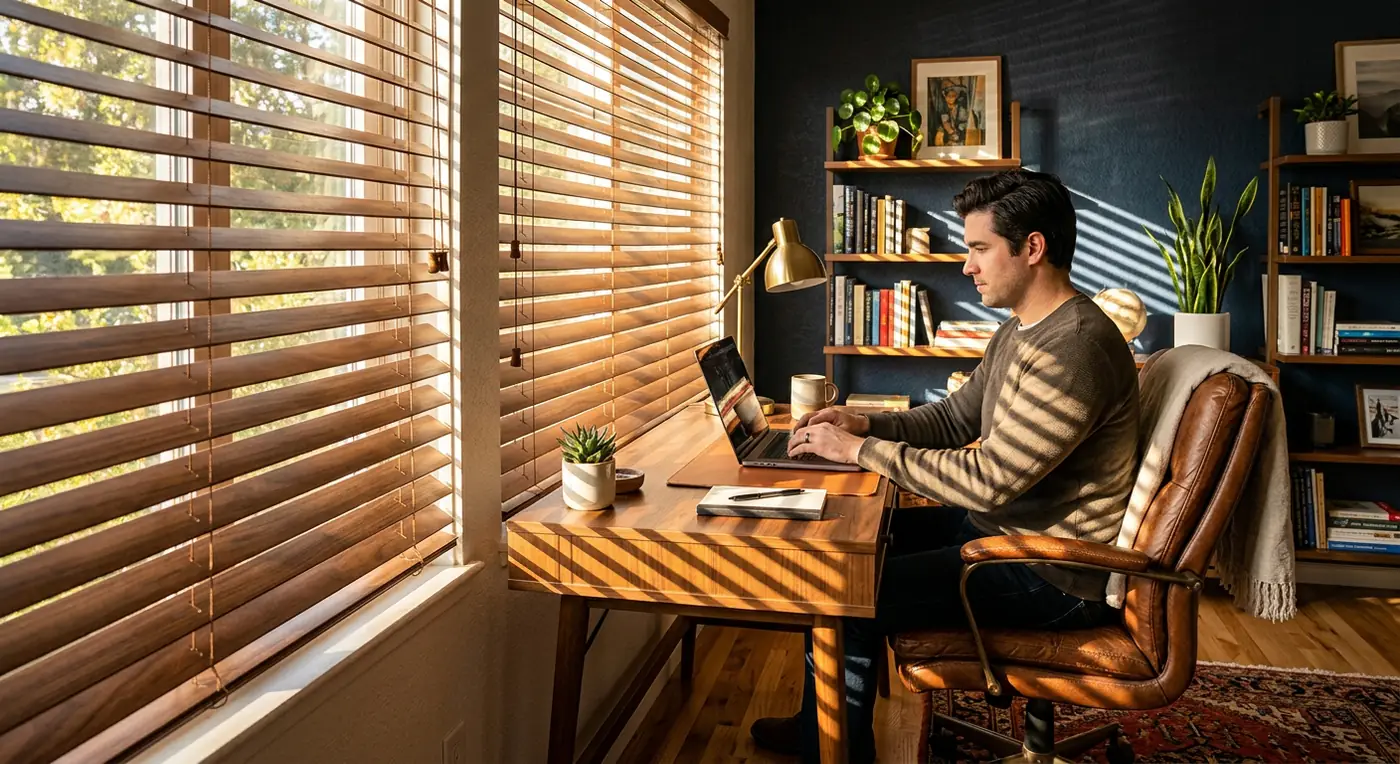 Walnut wooden blinds in a study